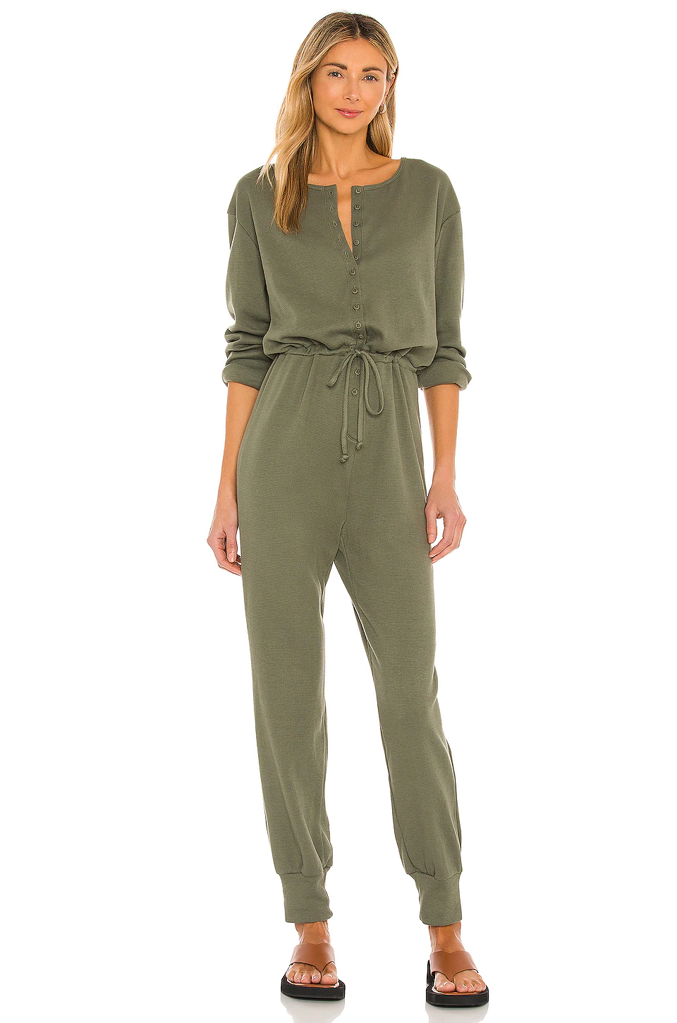 Lovers And Friends Long Sleeve Henley Jumpsuit In Army Green