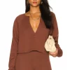 Lovers And Friends Deep V Neck Sweatshirt In Dark Brown -LOVERS AND FRIENDS Shop LOVF WK1044 V1