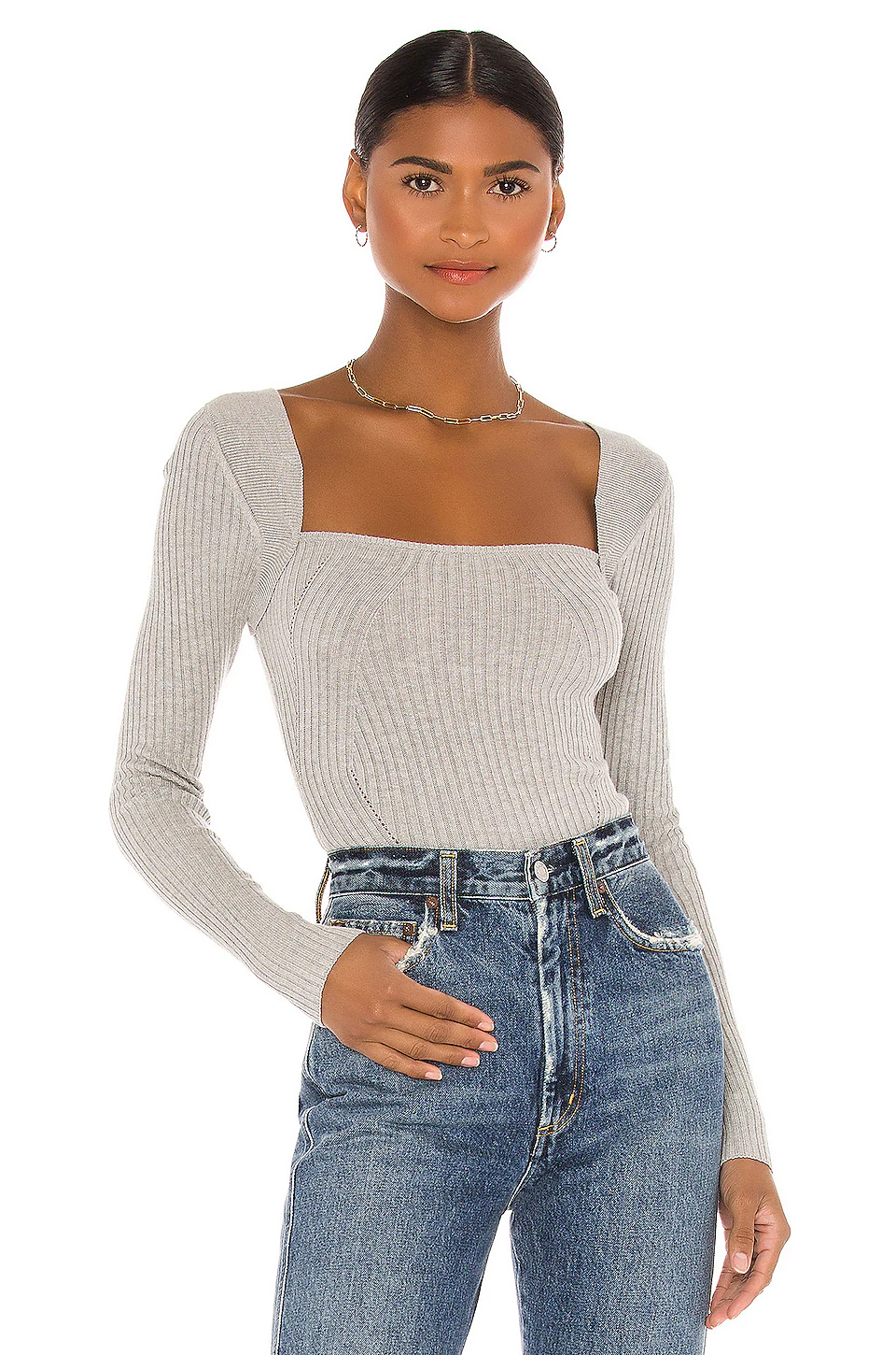 Lovers And Friends Tie Back Fitted Rib Sweater In Heather Grey